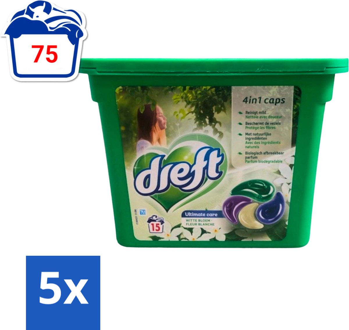 5 x Dreft - Wasmiddelcapsules 4in1 - Witte en Gekleurde Was - Witte Bloem - 15 Wasbeurten - Wasmiddelcapsules - Witte Bloem - Was - Kleurenbeschermer - Vlekkenverwijderer