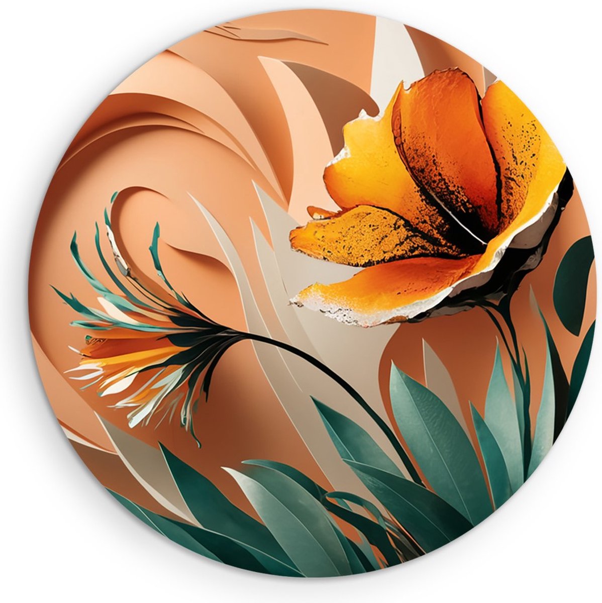 Saammp Forex Muurcirkel - Oranje Bloem - Abstract - Ø 50 - Wandcirkel - Wanddecoratie Cirkel - Muurdecoratie Woonkamer - Kantoor Decoratie
