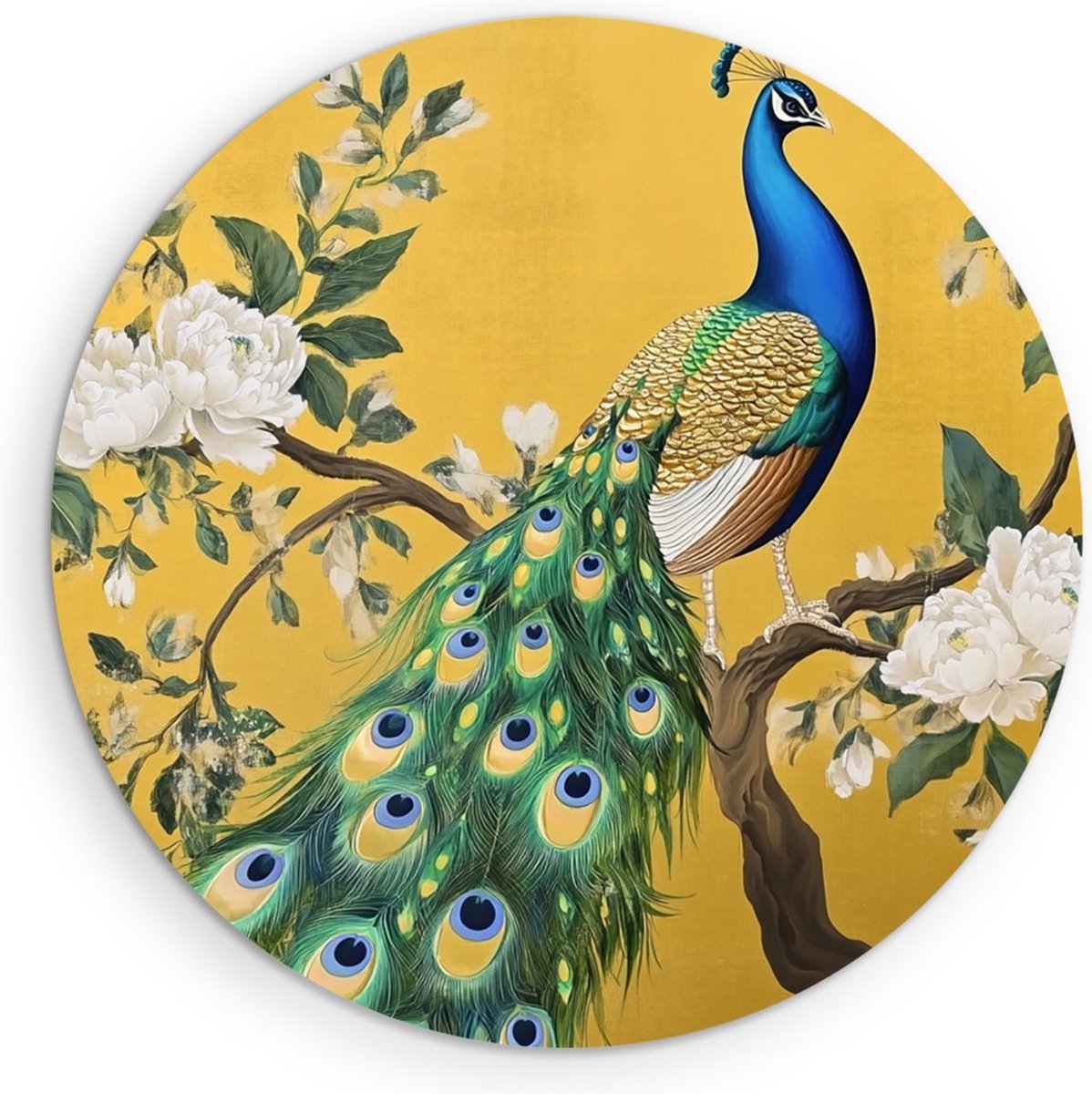 Saammp Forex Muurcirkel - Pauw met witte Bloemen - Vintage - Dieren - Natuur - Ø 80 - Wandcirkel - Wanddecoratie Cirkel - muurdecoratie Woonkamer - Slaapkamer decoratie - Rond Schilderij
