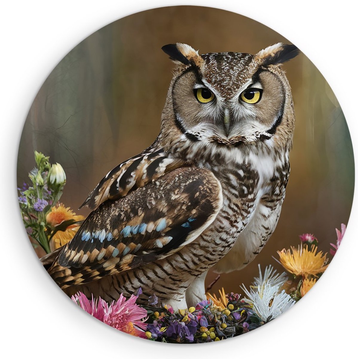 Saammp Muurcirkel Hout - Uil tussen kleurrijke bloemen - Dieren - Ø 70 - Wandcirkel - Wanddecoratie Cirkel - muurdecoratie Woonkamer - Slaapkamer decoratie - Rond Schilderij