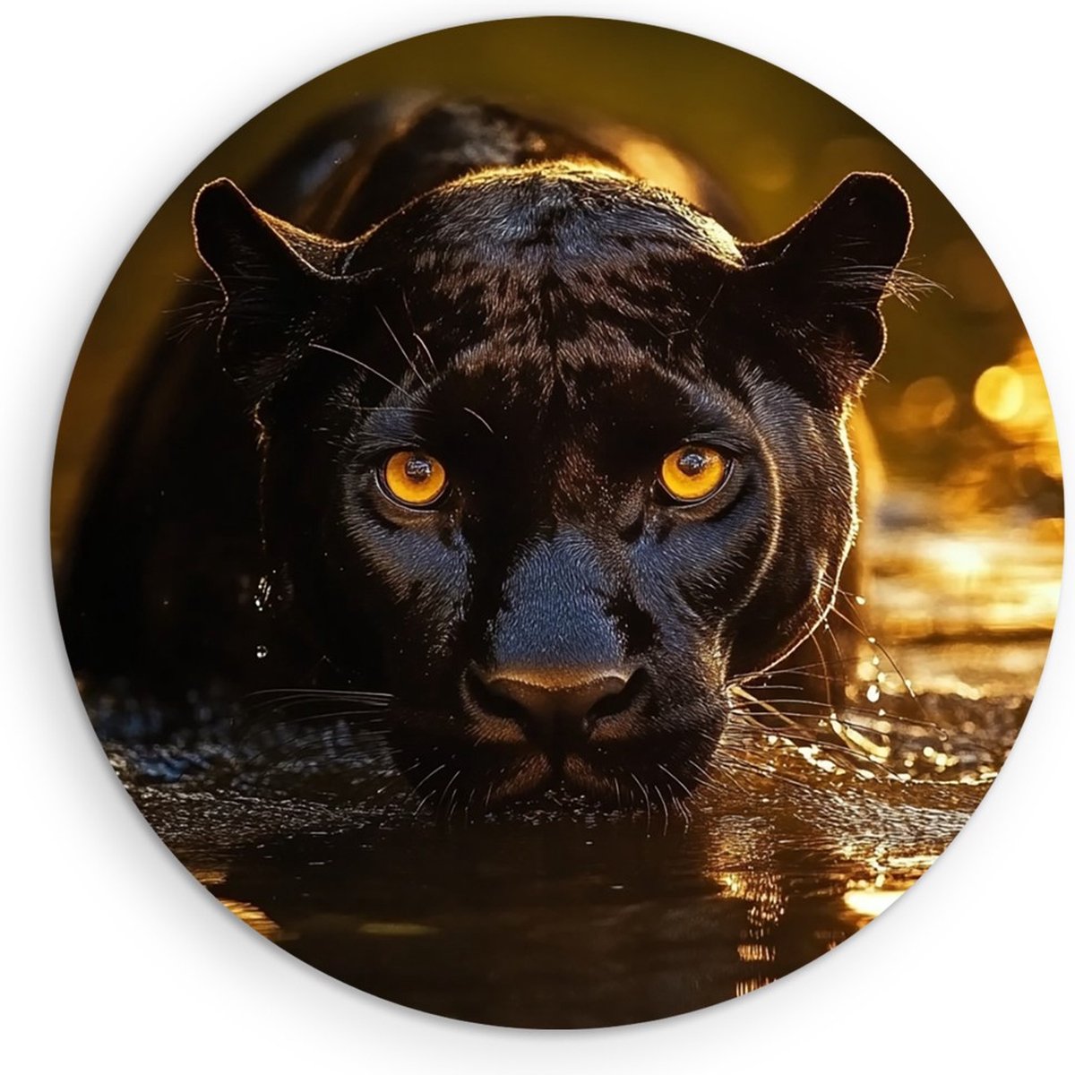 Saammp Muurcirkel Hout - Drinkende zwarte panter - Natuur - Dieren - Ø 60 - Wandcirkel - Wanddecoratie Cirkel - Muurdecoratie Woonkamer - Slaapkamer decoratie - Rond Schilderij