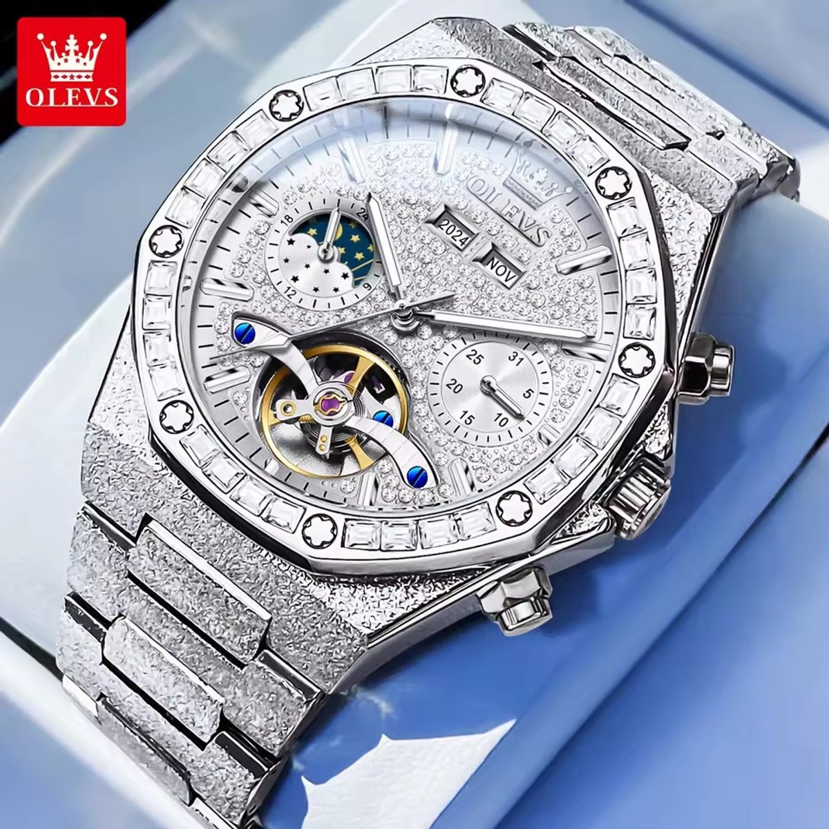 HO-9805.z : Olevs zilverkl frosted Luxe Tourbillon Automatische Mechanische edelstaal Heren Horloge, 30mtr Waterdicht, Diamantzirkonia