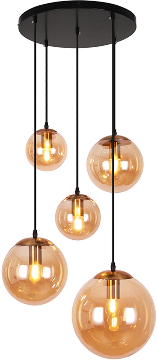 Olucia - DOLF - Hanglamp - Amber / Messing - 5L - Vorm: Rond