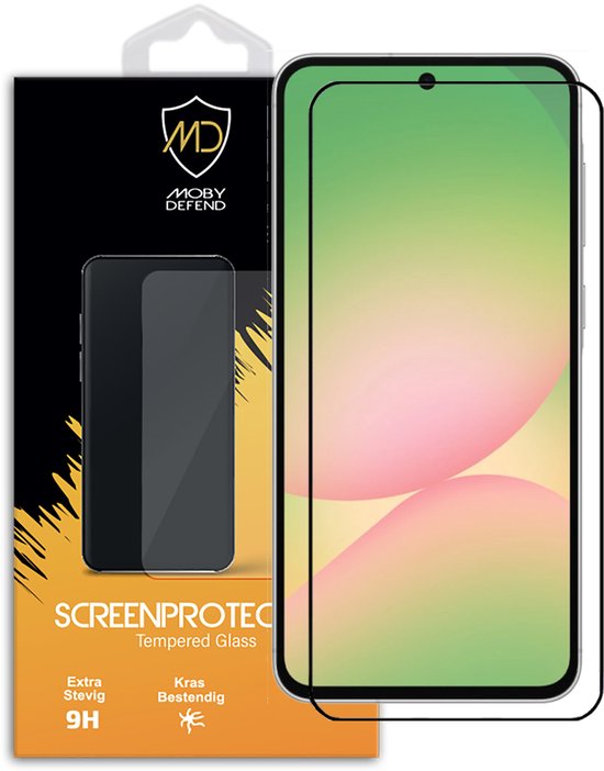 MobyDefend screenprotector verpakking met zwarte randen, 9H extra stevig, krasbestendig.