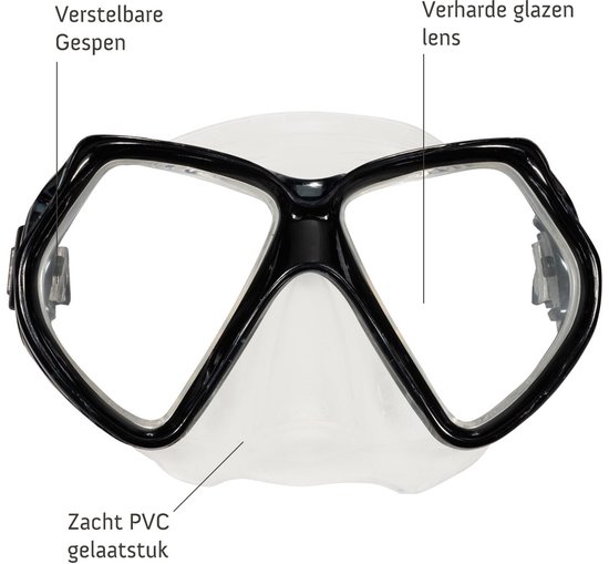 Gedetailleerde voorkant van een zwart snorkelmasker met verstelbare gespen.