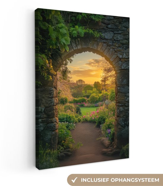 Canvas schilderij 80x120 cm - Exclusieve wanddecoratie Poort - Planten - Zonsondergang - Muurdecoratie woonkamer - Slaapkamer decoratie - Kamer accessoires - Schilderijen op canvas