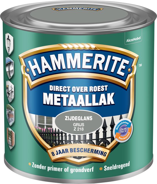 Hammerite Metaallak, zijdeglans grijs Z218. Blik met deksel en label met informatie. 8 jaar bescherming.