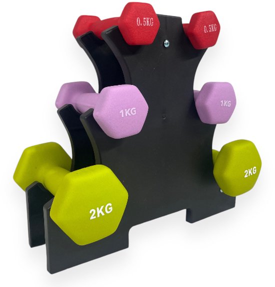 Padisport dumbellset 0,5 t/m 2 kg - dumbell set met houder - 0,5kg dumbells - 1kg gewicht - 2kg dumbells - dumbellset - dumbells - gewichten set halters -