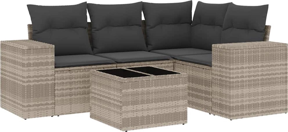 vidaXL 5-delige - Loungeset - met - kussens - poly - rattan - lichtgrijs