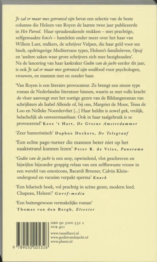 Boekomslag met tekst en recensies. Een vrouw met bruin haar is lachend te zien op de voorkant.