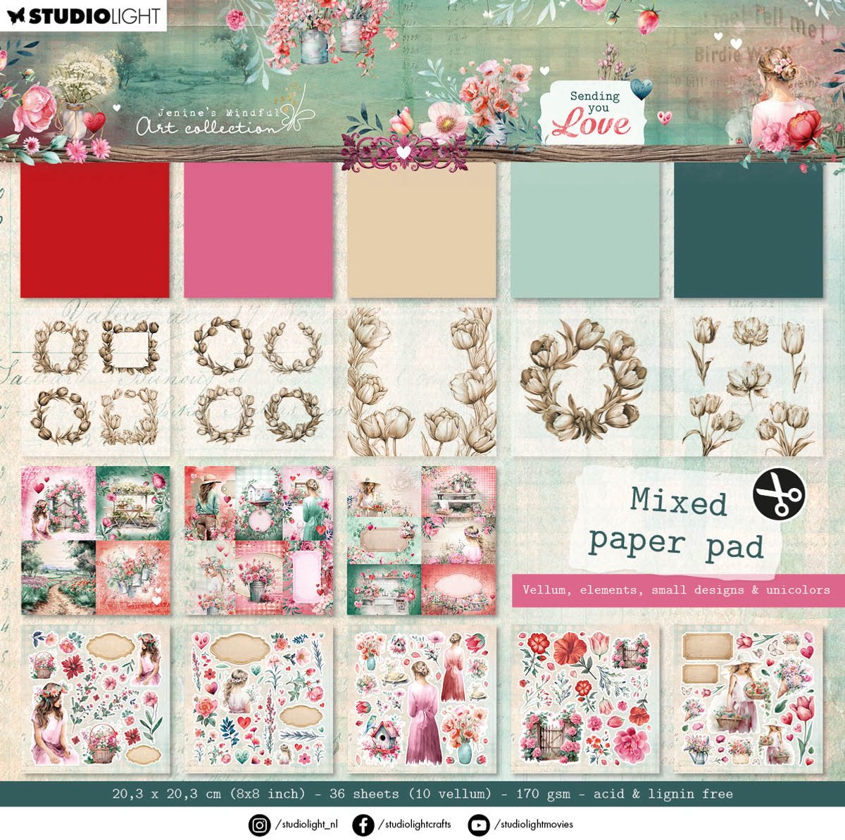 Mixed paper pad Vellum, unicolor & elements - JMA Sending you love nr. 290