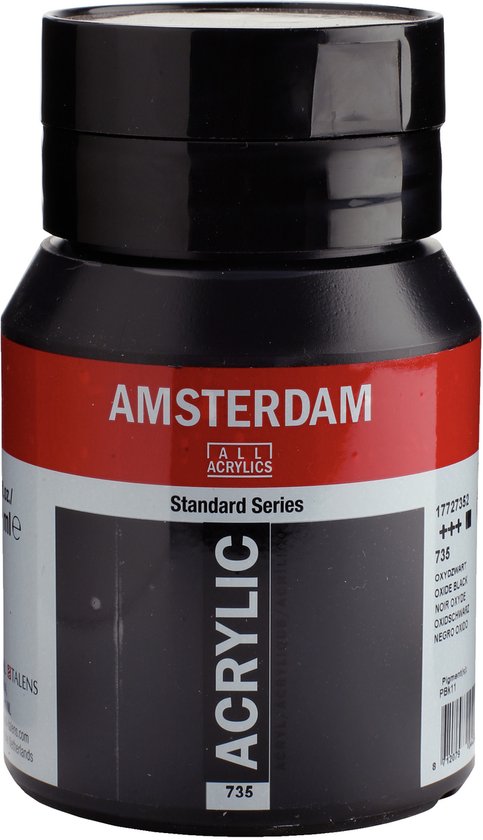 Bouteille de peinture acrylique Amsterdam Standard Series couleur Oxydzwart 735. Bouchon noir et étiquette avec bande rouge et blanche.