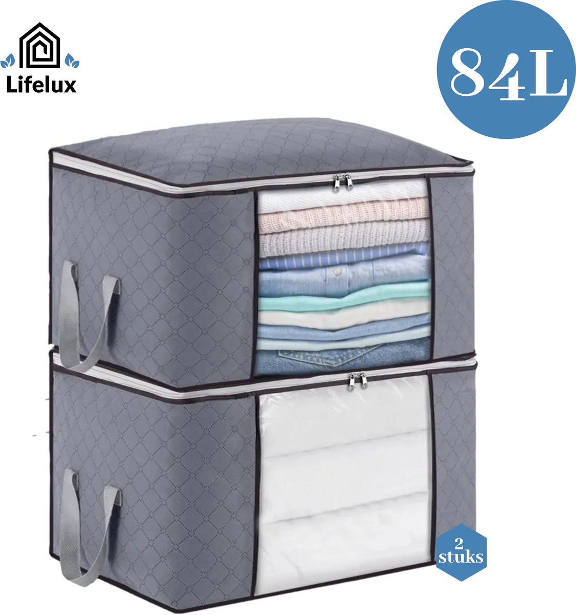LifeLux XL Opbergzakken – Set van 2 | 84L Katoenen Kast Organizers met Rits | Stapelbare Opbergmanden voor Kleding & Beddengoed