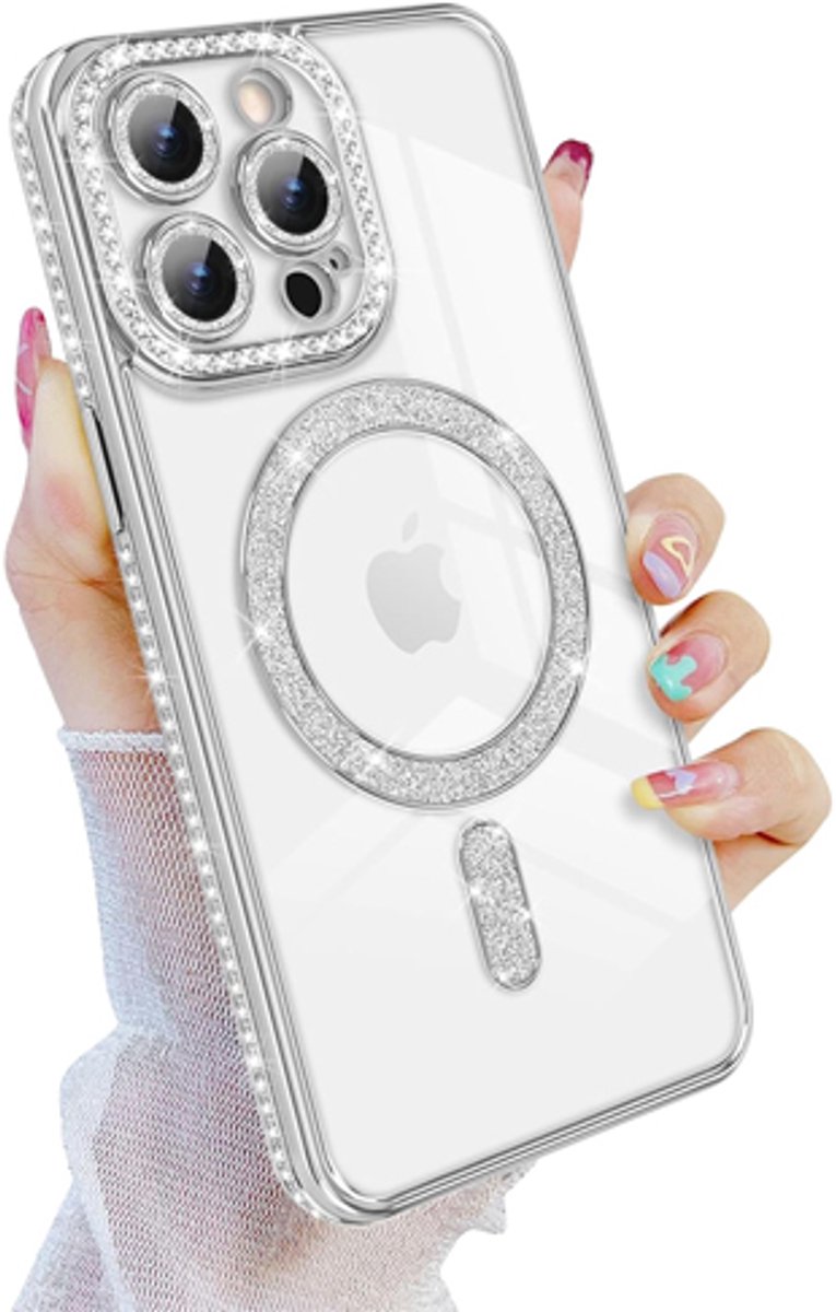 Telefoonhoesje Geschikt voor iPhone 13 Pro Max - MagSafe met Diamantjes en Glitter - Extra Verhoogde Camera Randjes - Zilver