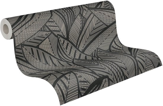 Papier peint graphique Profhome 399334-GU papier peint intissé légèrement structuré avec motif floral noir brillant argent anthracite 5,33 m2