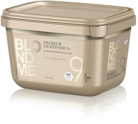 Beige container met "BLOND ME PREMIUM LIGHTENER 9+" logo in reliëf, met "UP TO 9 LEVELS OF LIFT" en "BOND Protection System".