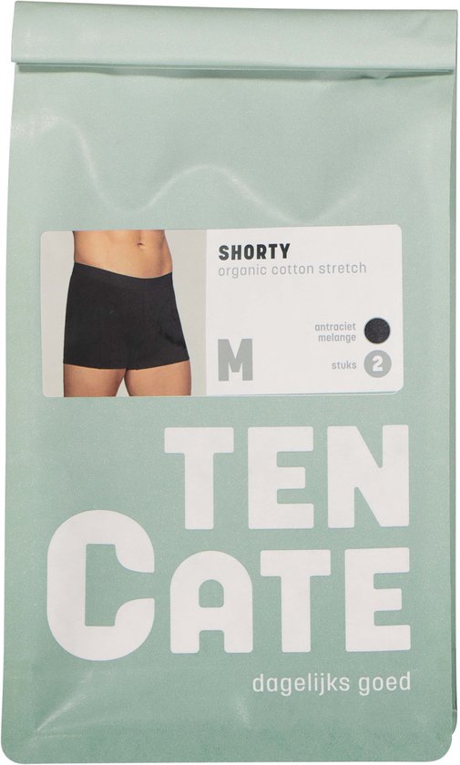 Verpakking van een antraciet melange shorty van biologisch katoen. Twee stuks, maat M.