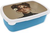 Broodtrommel Blauw - Lunchbox Vrouw - Beige - Bloem - Modern - Portret - Brooddoos 18x12x6 cm - Brood lunch box - Broodtrommels voor kinderen en volwassenen