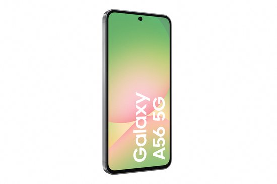 Samsung Galaxy A56 5G gris, vue de trois quarts avant, avec un écran affichant "Galaxy A56 5G".