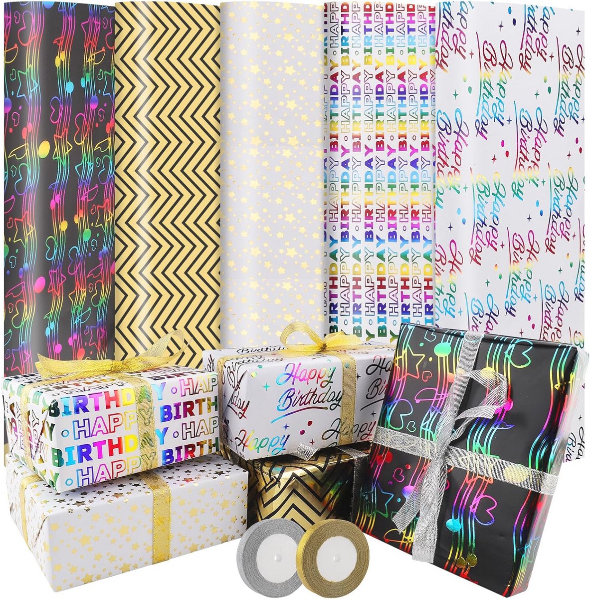 Cadeaupapier Set van 5 Rollen met Diverse Patro­nen, 43 cm x 3 m - Perfect voor Verjaardag en Feestdagen