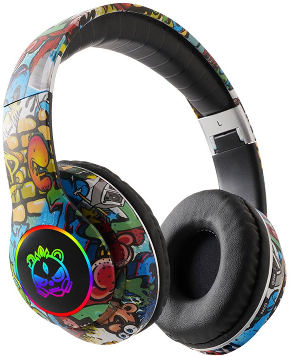 KINSI Gaming Koptelefoon met RGB Verlichting- Over-ear koptelefoon - Hifi Geluidskwaliteit, Graffiti Design,Ultralange Batterijduur