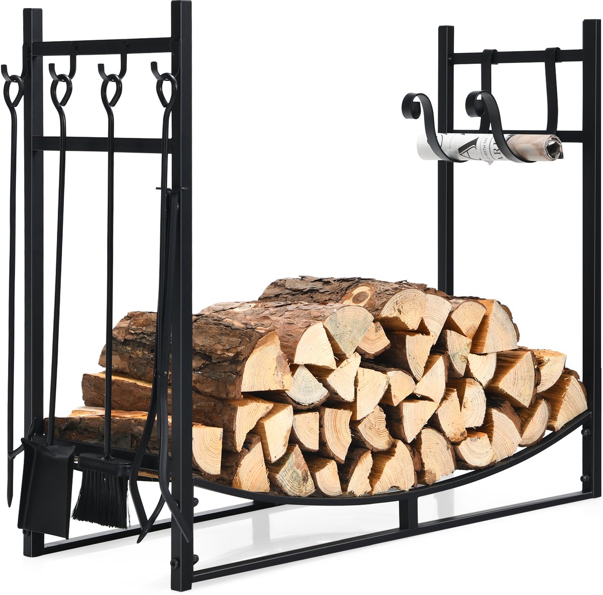 COSTWAY Brandhoutrek met 4 haardbestek en aanmaakhouthouders, brandhoutrek voor binnen en buiten, brandhoutrek van metaal, brandhoutstandaard, 90 x 33 x 76 cm