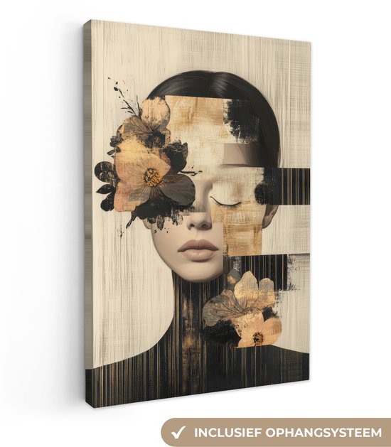 Abstract portret van een vrouw met gesloten ogen, bedekt met gouden bloemen. Inclusief ophangsysteem.