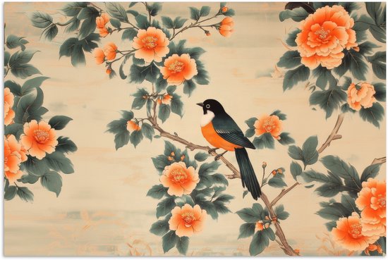 Poster 30x20 cm - Vogel - Tak - Bloemen - Oranje - Posters - Kamer decoratie - Wanddecoratie woonkamer - Muurdecoratie slaapkamer