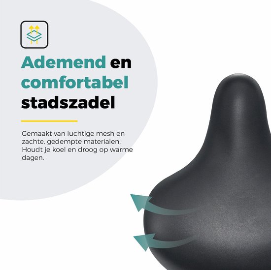 Ademend en comfortabel zwart stadszadel, van mesh en zachte, gedempte materialen.