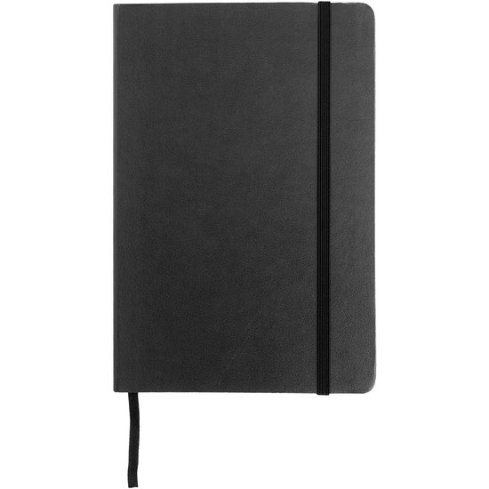 Gesloten zwart notitieboek met elastische band en leeslint.