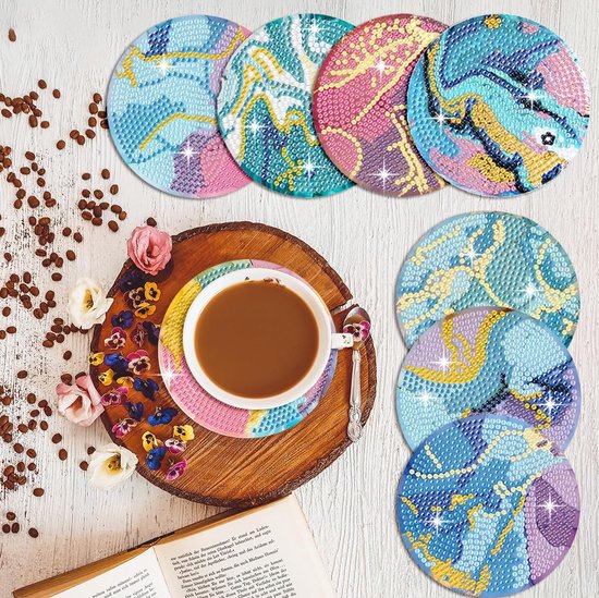 Onderzetters Set van 8 5D Diamond Painting onderzetters met standaard, doe-het-zelf oceaanschilderij, doe-het-zelf onderzetters voor volwassenen, mandala-kunst, decoratieve houten kaarsen