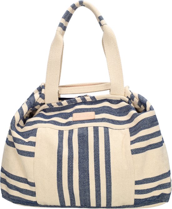Grote stoffen strandtas met verticale en horizontale strepen in marineblauw en crème, met een leren label.