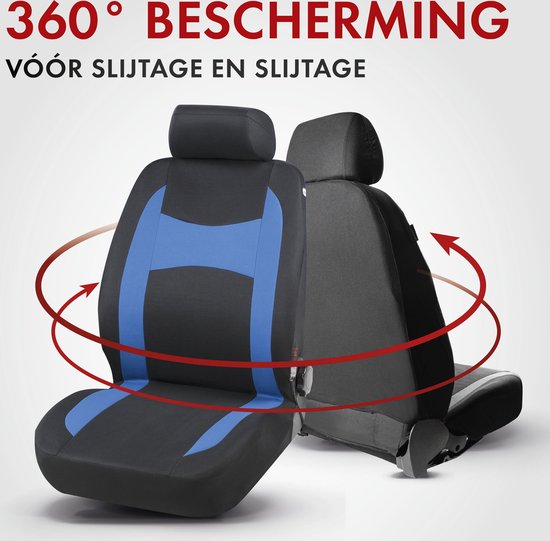 Twee autostoelhoezen in blauw en zwart, met rode pijlen die 360 graden bescherming tegen slijtage aangeven.