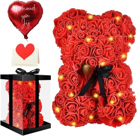 Handgemaakte rozenbeer - Cadeau voor haar, vriendinnen, vrouwen - Transparante geschenkdoos - 25,4 cm (lichtroze