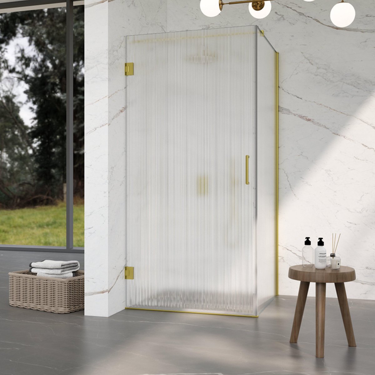 Fortifura Galeria Douchecabine - 120x90x200cm - scharnieren - deurgreep - stabilisatiestang - helder geribbeld - veiligheidsglas - Geborsteld messing PVD (Goud)