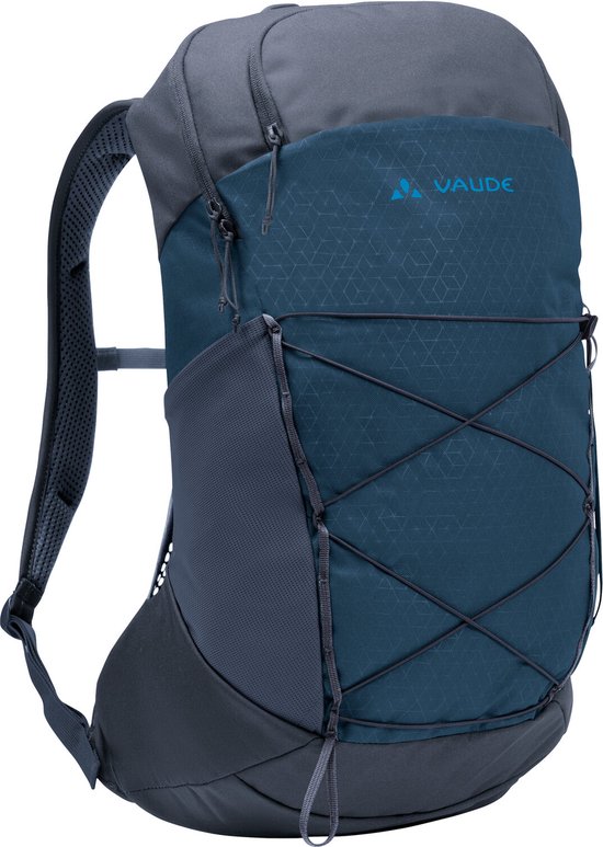 Donkerblauwe Vaude rugzak met Vaude logo en elastisch koord aan de voorzijde.