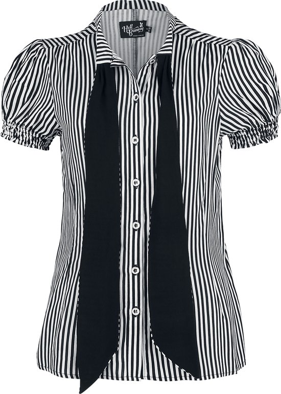 Zwart-wit gestreepte blouse met korte pofmouwen, strikdetail en knopen.