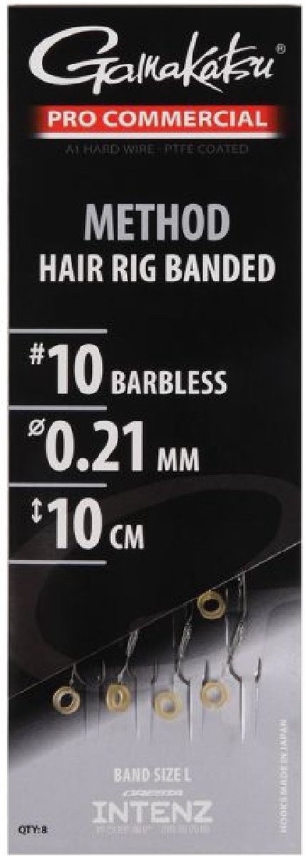 Gamakatsu Pro Commercial Coars Method Hair Rig Banded (Large) 10cm Barbless (8 pcs) - Maat : haak 10 - 0.21mm