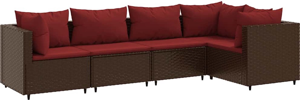 The Living Store 5-delige Loungeset met kussens poly rattan bruin - Tuinmeubels - Loungebank - Tuinset - Buitendecoratie - Pe Rattan