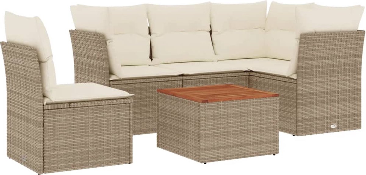 The Living Store 6-delige Loungeset met kussens poly rattan beige - Loungebank - Tuinstoel - Lounge Set - Buitendecoratie - Outdoor Furniture
