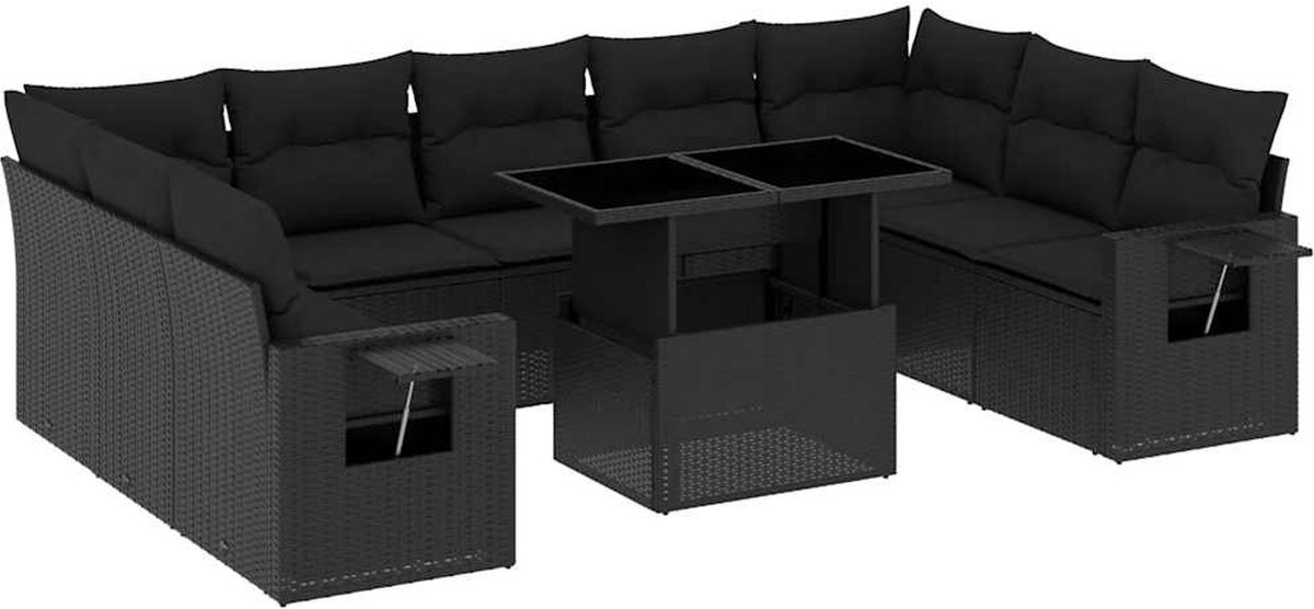 Poly rattan loungeset in zwart met kussens voor buiten - Tuinmeubelen.
