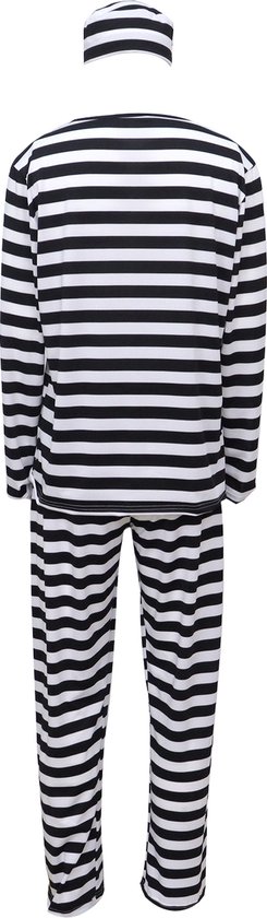Achterkant van een gevangenis kostuum met gestreepte top, broek en muts.