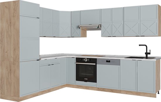 Vicco Fame- Line Cuisine d'angle - 287 x 60 cm sans plan de travail Bleu-gris clair/chêne doré sans plan de travail