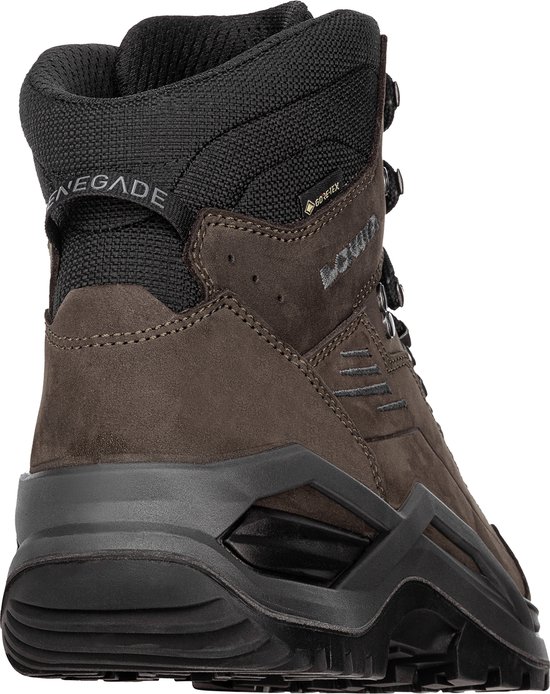 Achterkant van bruine Lowa 'Renegade' wandelschoen met zwart en Gore-Tex.