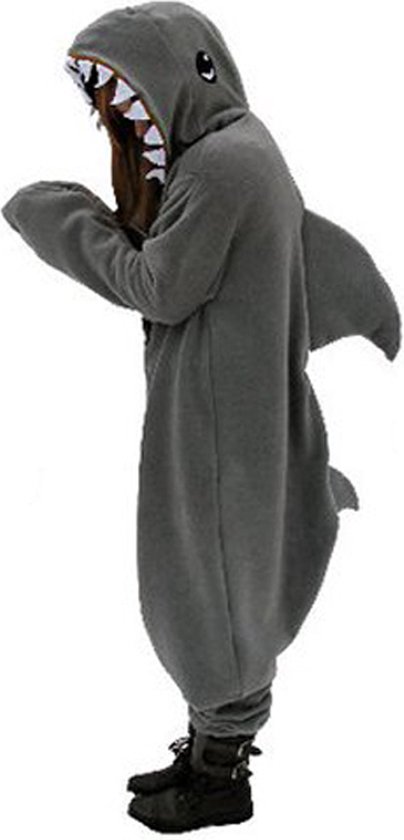 KIMU Onesie Haai Pak - Maat 128-134 - Haaienpak Kostuum Grijs Vis Shark - Kinder Zacht Huispak Jumpsuit Dierenpak Pyjama Jongen Meisje Sinterklaas Kado
