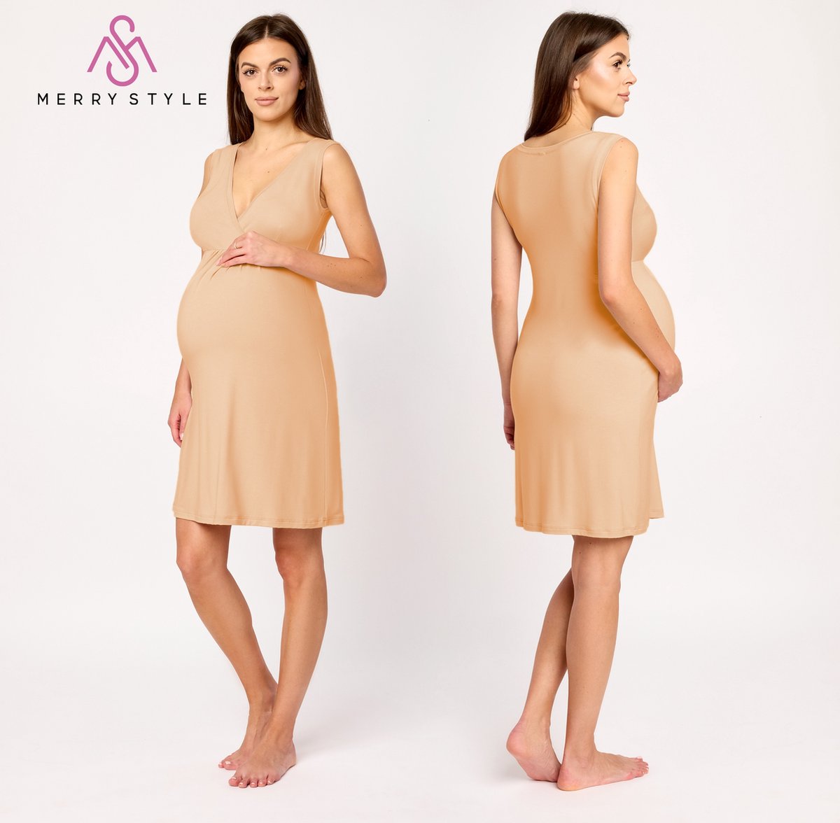 Merry Style Dames Zwangerschap Zwangerschapsnachtjapon - Kort - Elastisch – Licht- Viscose – Zand – XL - MS-MS10-467-ND