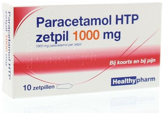 Doosje 'Paracetamol HTP zetpil 1000 mg' met 10 zetpillen. Rode en witte opdruk met teksten.