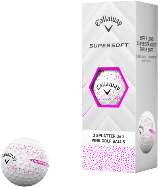 Doos met 3 Callaway golfballen met roze spetters en een losse golfbal met "SUPERSOFT".