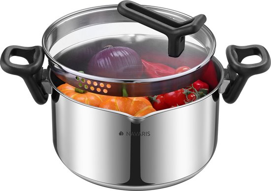 Navaris RVS Soeppan 5,3 Liter Met Glazen Deksel En Vergiet - 28cm