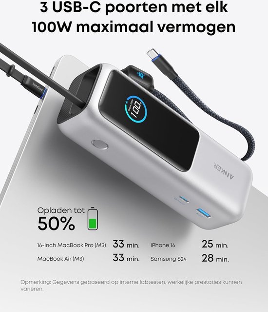 Anker Power Bank - 25.000mAh - Draagbare oplader met 3x 100W USB-C